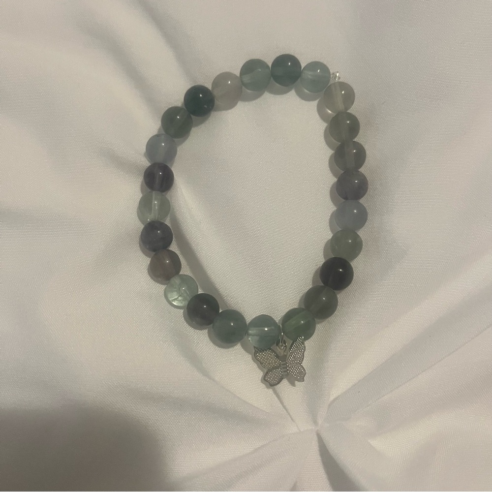 Fluorite Genuine Stone Butterfly Charm Bracelets Handmade Green Purple Silver - Picture 9 of 10